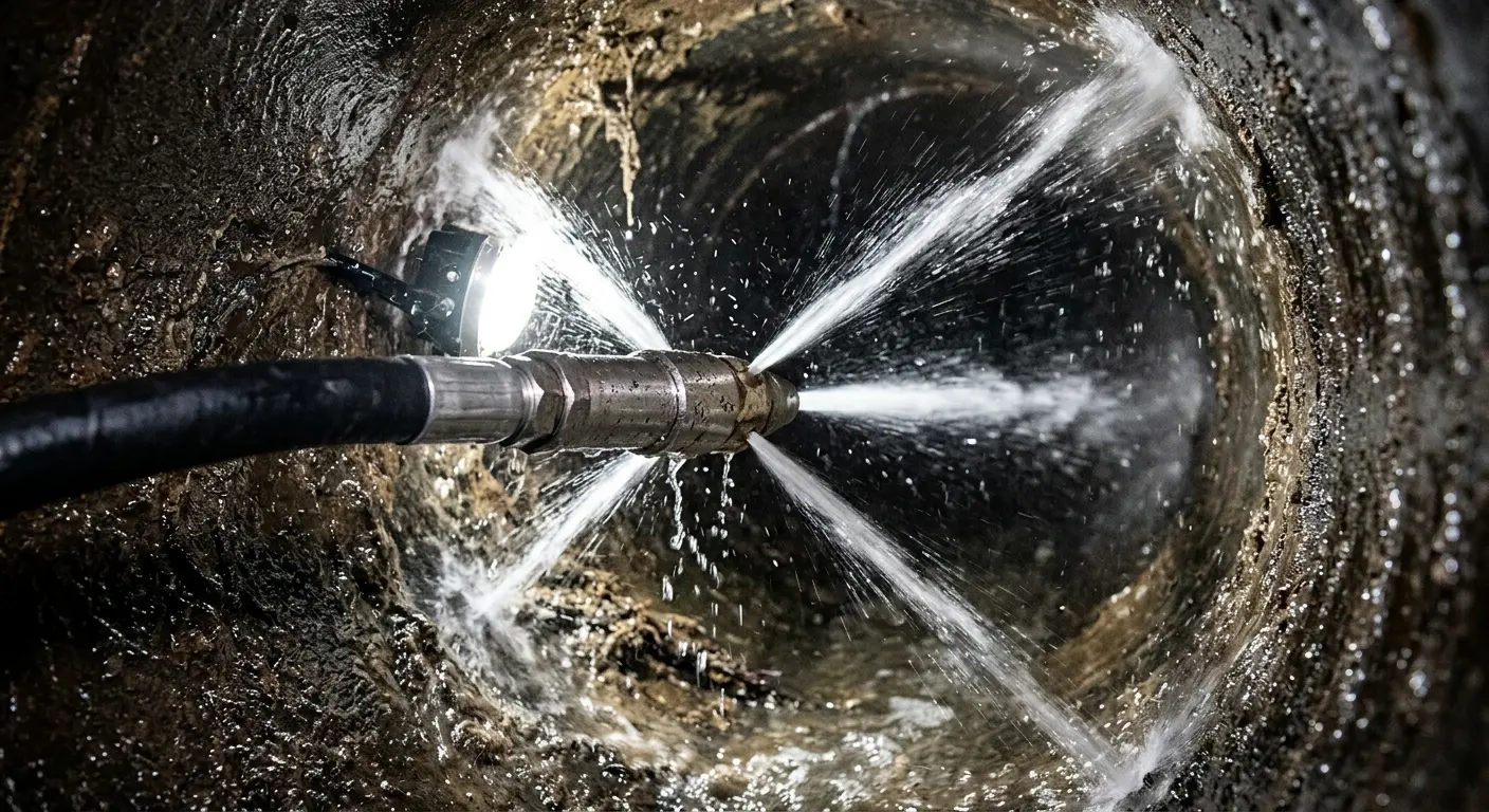 High-pressure hydro jetting nozzle cleaning sewer pipe for Trenchless Sewer Repair in West Pennsboro