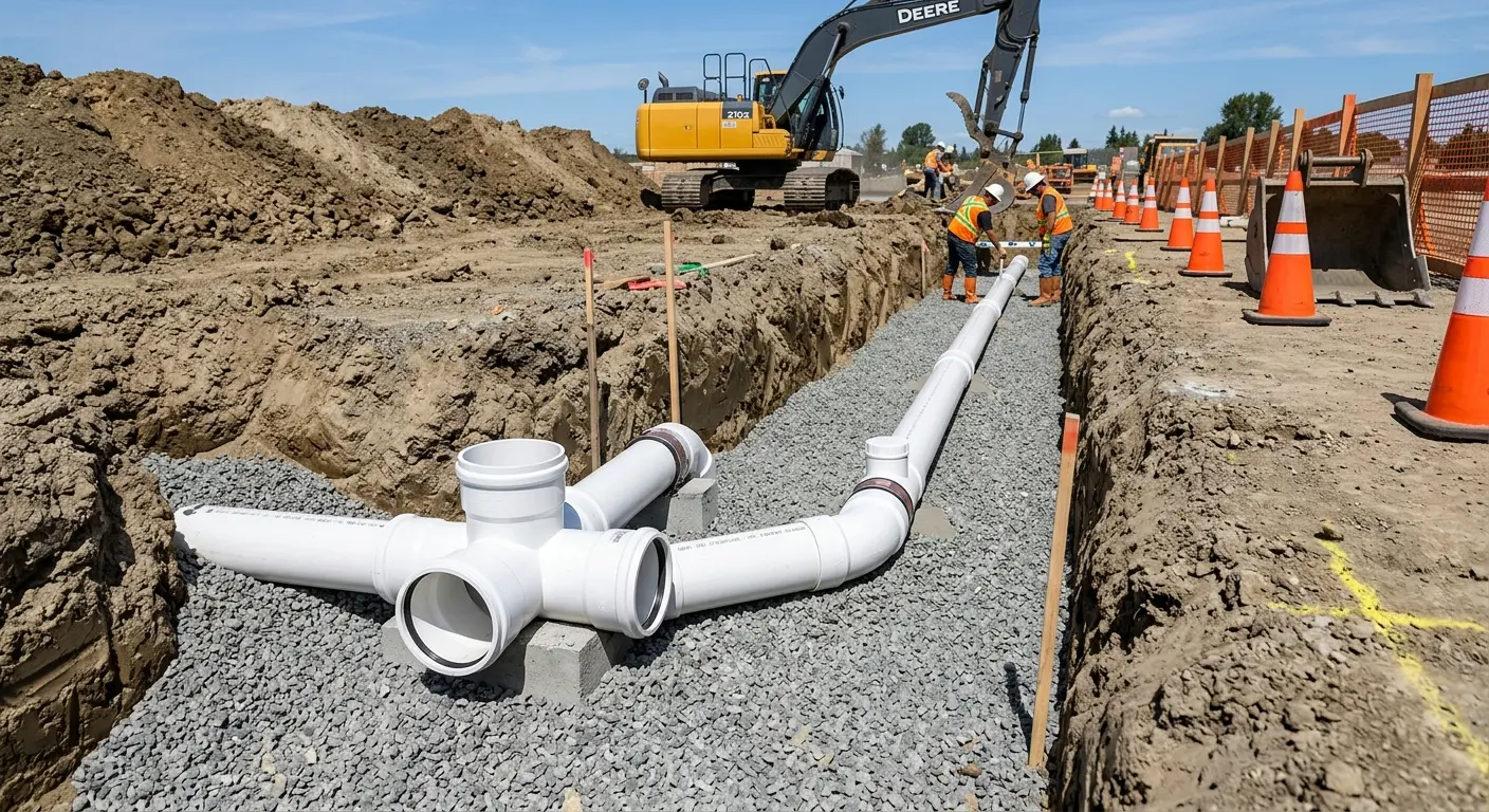 New PVC sewer pipe installation in open trench for Grease Trap Cleaning in West Pennsboro