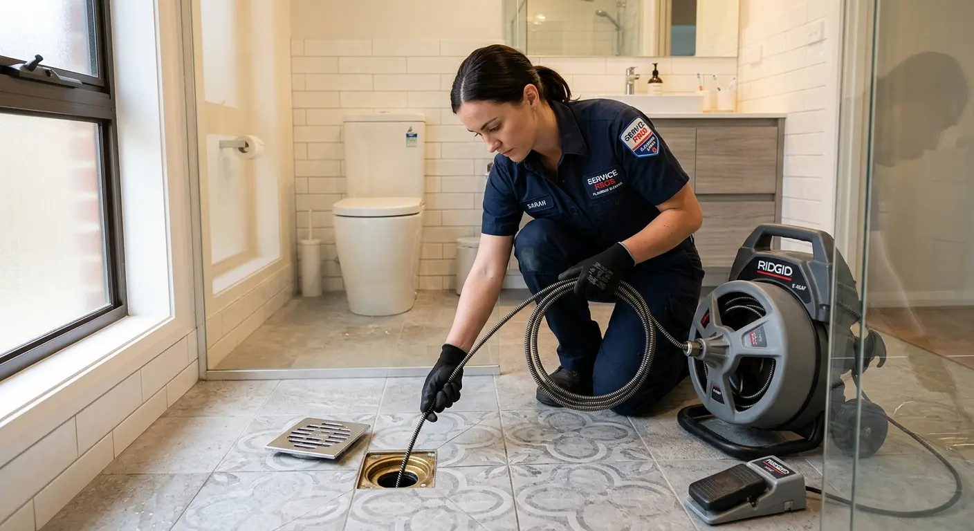 Technician clearing a bathroom floor drain for Sewer Line Installation in West Pennsboro